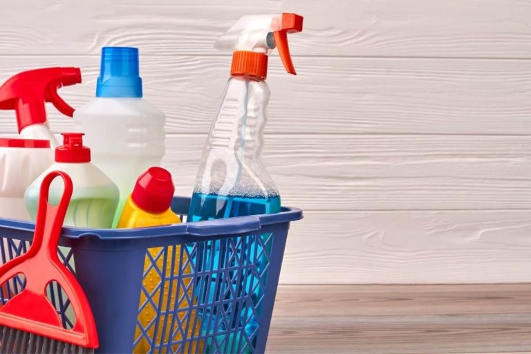 blue bucket filled with cleaning supplies