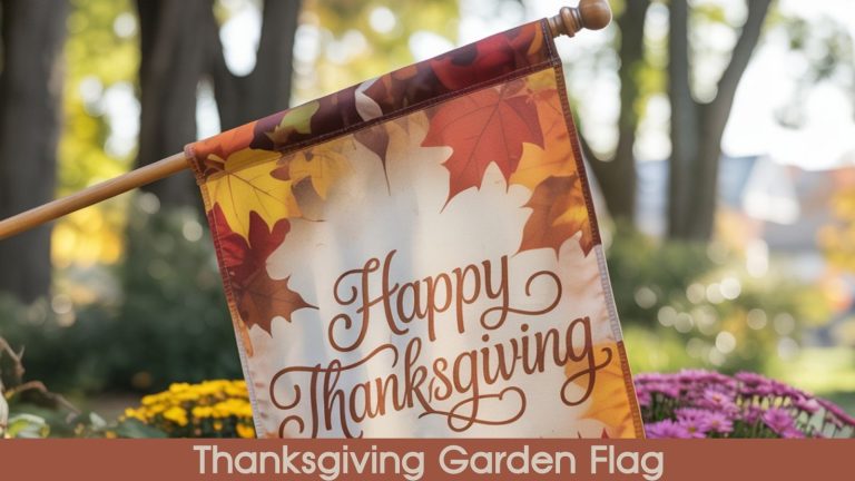 A garden flag that says Happy Thanksgiving.