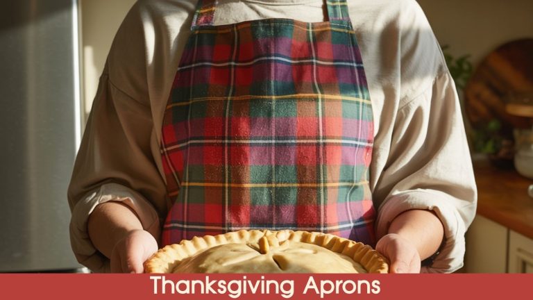 A woman holding a pie is wearing a beautiful Thanksgiving apron.