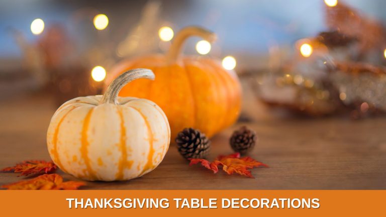 Pumpkins and twinkle lights are used as Thanksgiving table decorations