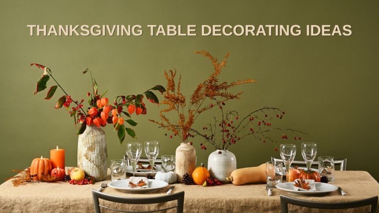 A Thanksgiving table decorated with a burlap tablecloth and a few seasonally colored accents, such as pine cones and pumpkins.