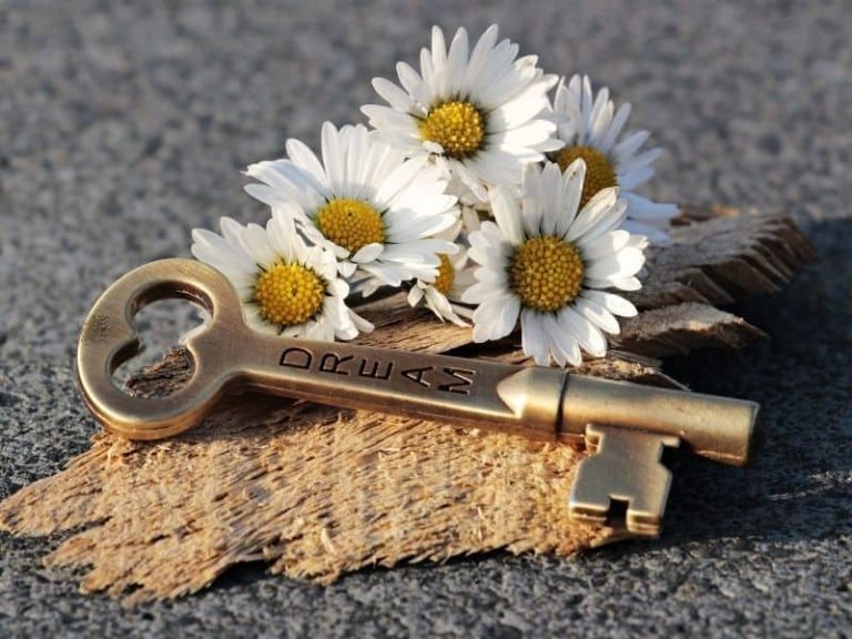 A key engraved with "dream" and some white flowers