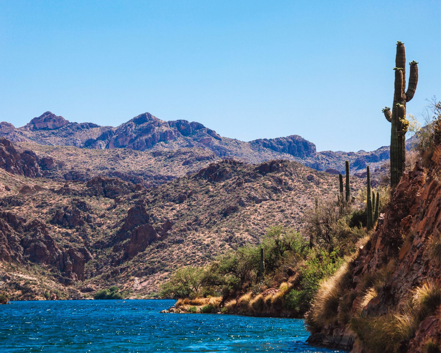 Arizona lake surrounded by rocky hills ans cacti.