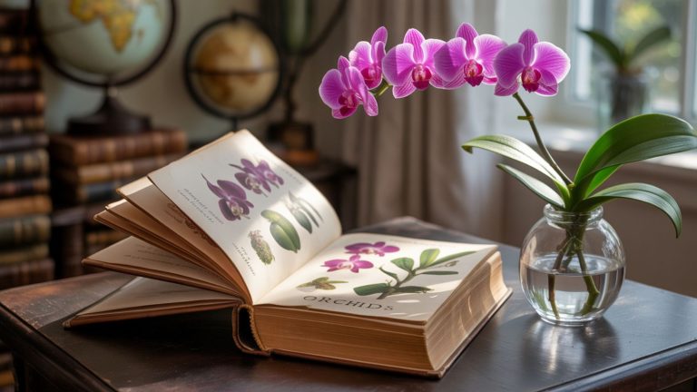An open orchid book with images, sitting on a table next to a blooming orchid.